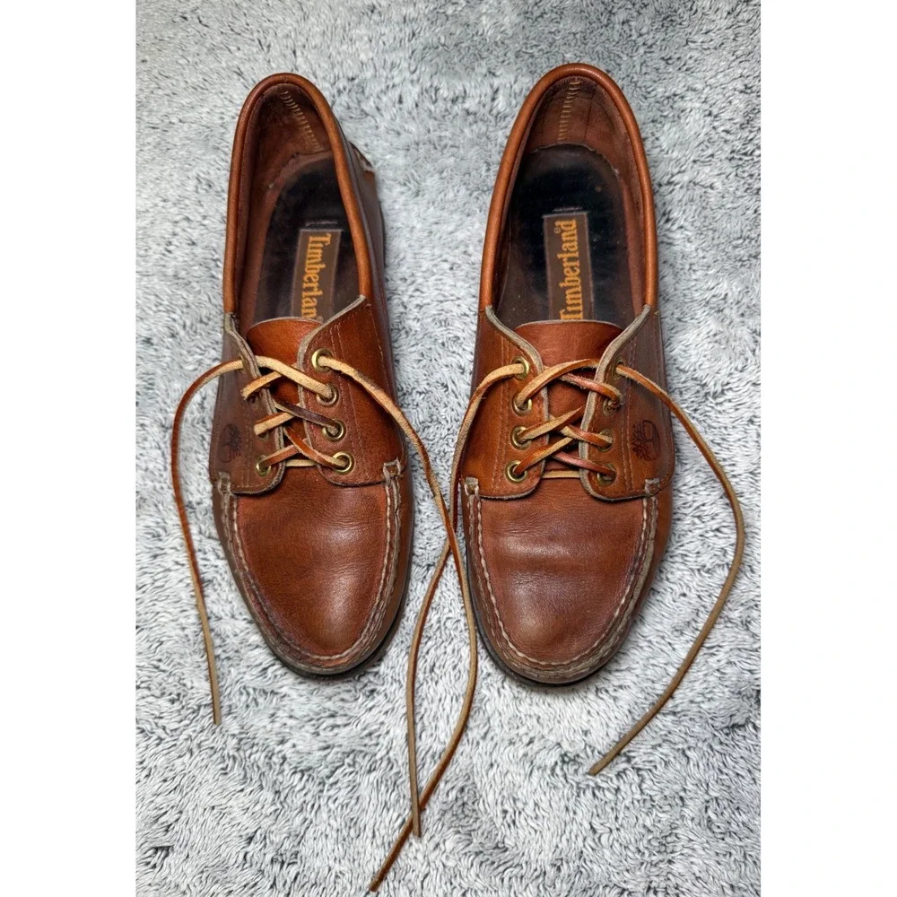 Vintage Timberland USA Made 10M Leather Camp Moc Shoe Vibram Sole Brown Handsewn